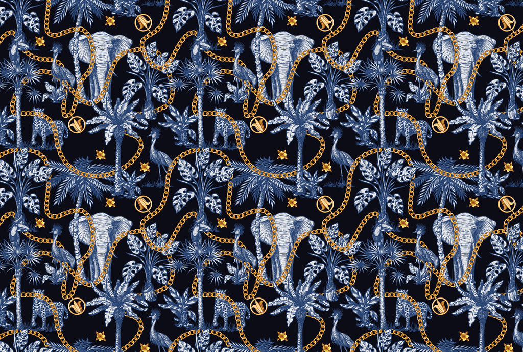 Navy Safari Wallpaper : Elephants, Palms and Gold Chain Mural - flat design