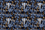 Navy Safari Wallpaper : Elephants, Palms and Gold Chain Mural - flat design
