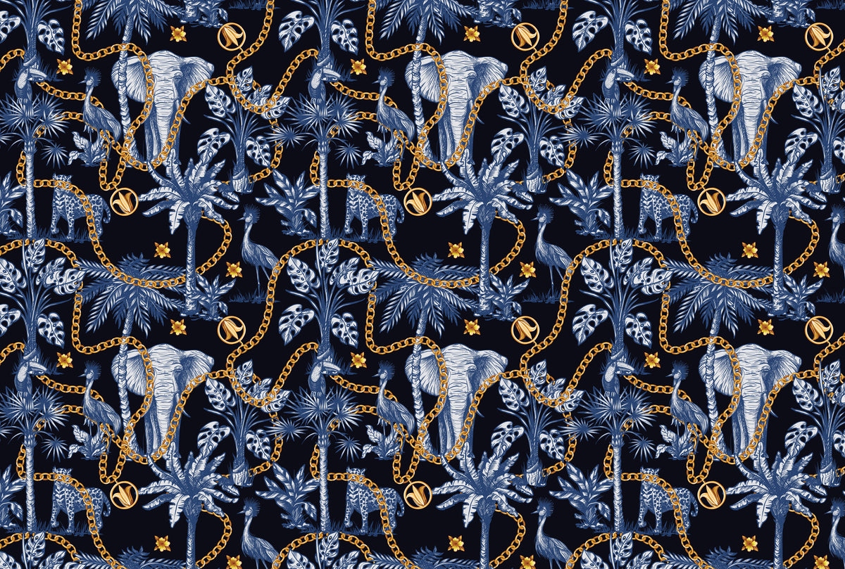 Navy Safari Wallpaper : Elephants, Palms and Gold Chain Mural - flat design