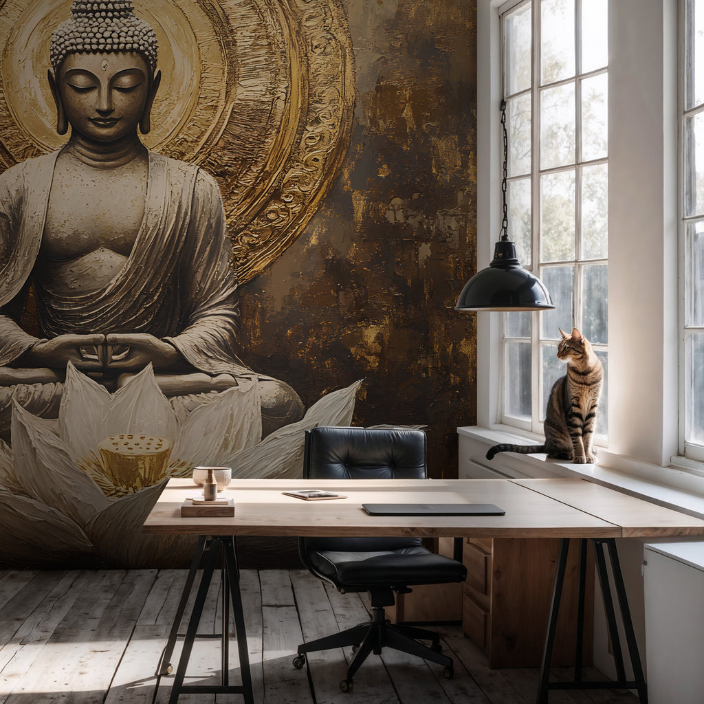 Gold Buddha Wallpaper : Lotus Meditation Art Mural - View 2