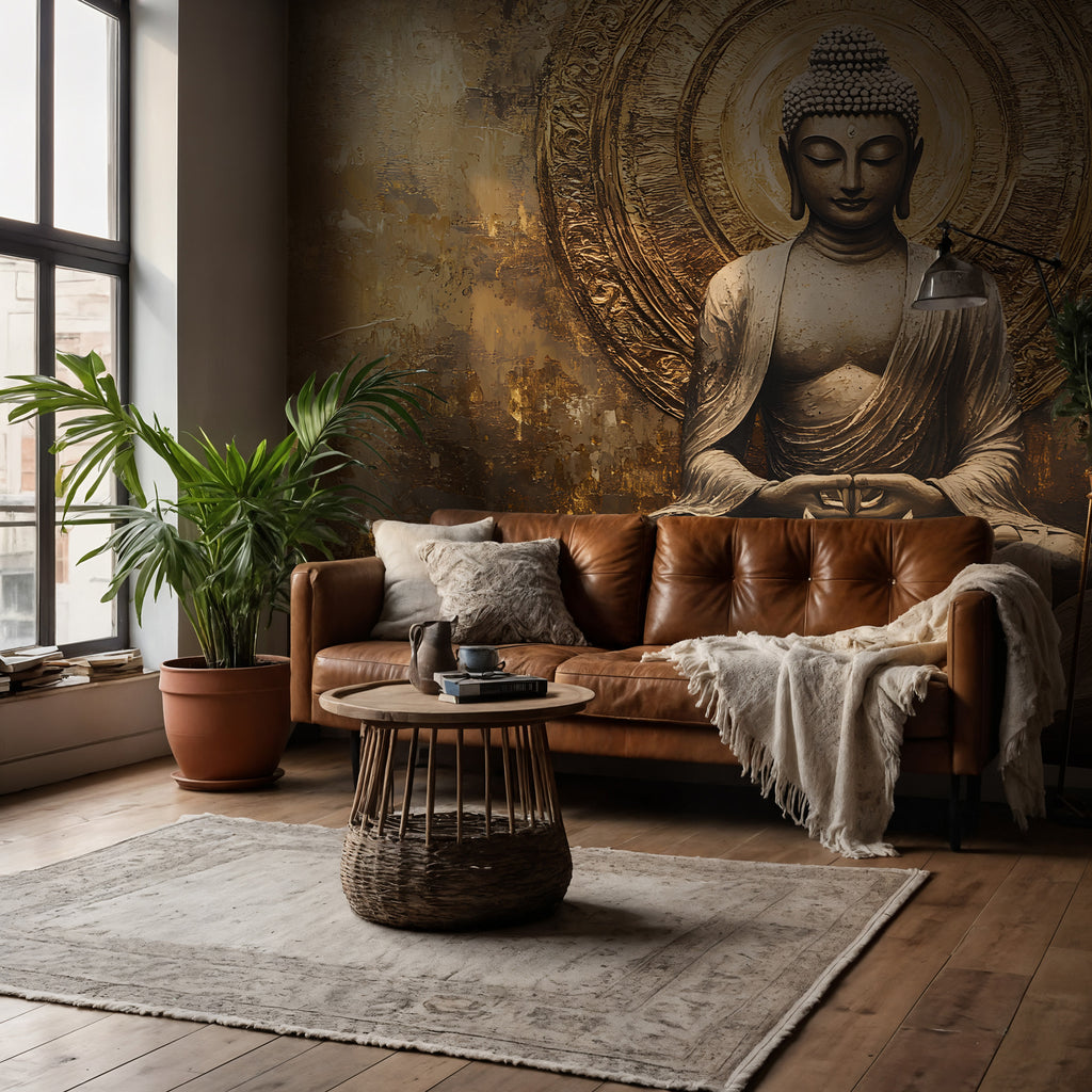 Gold Buddha Wallpaper : Lotus Meditation Art Mural - View 3