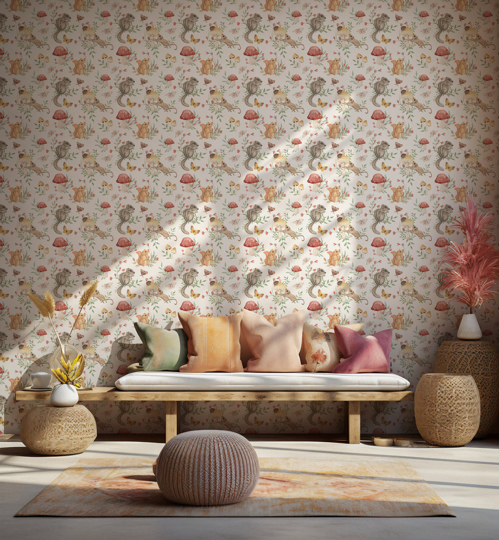 Cute Squirrel Wallpaper : Woodland Friends Kids Pattern Mural - View 3