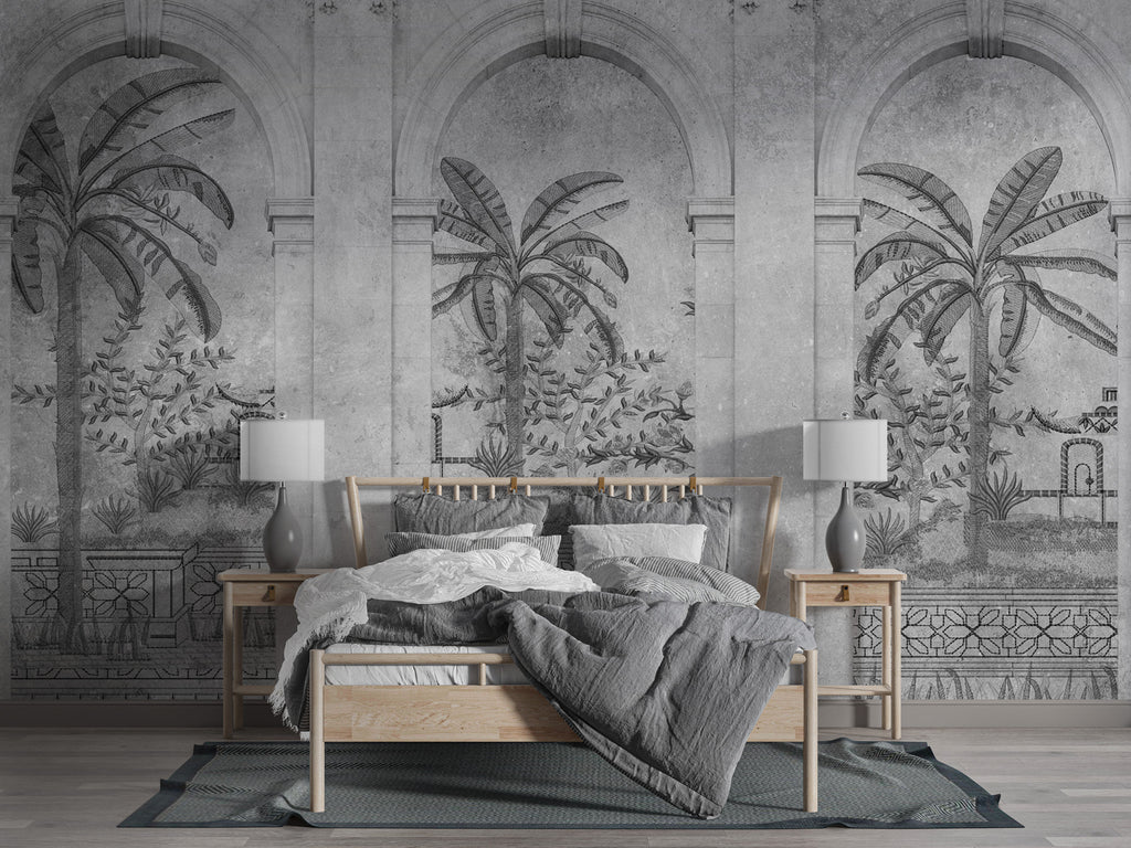 Grey Arch Wallpaper : Classical Arches and Palm Tree Mural