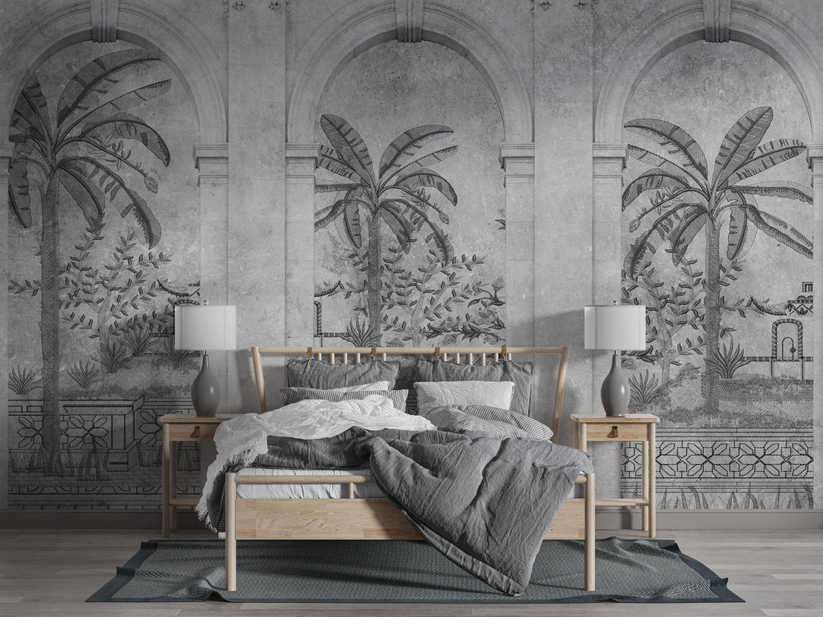 Grey Arch Wallpaper : Classical Arches and Palm Tree Mural