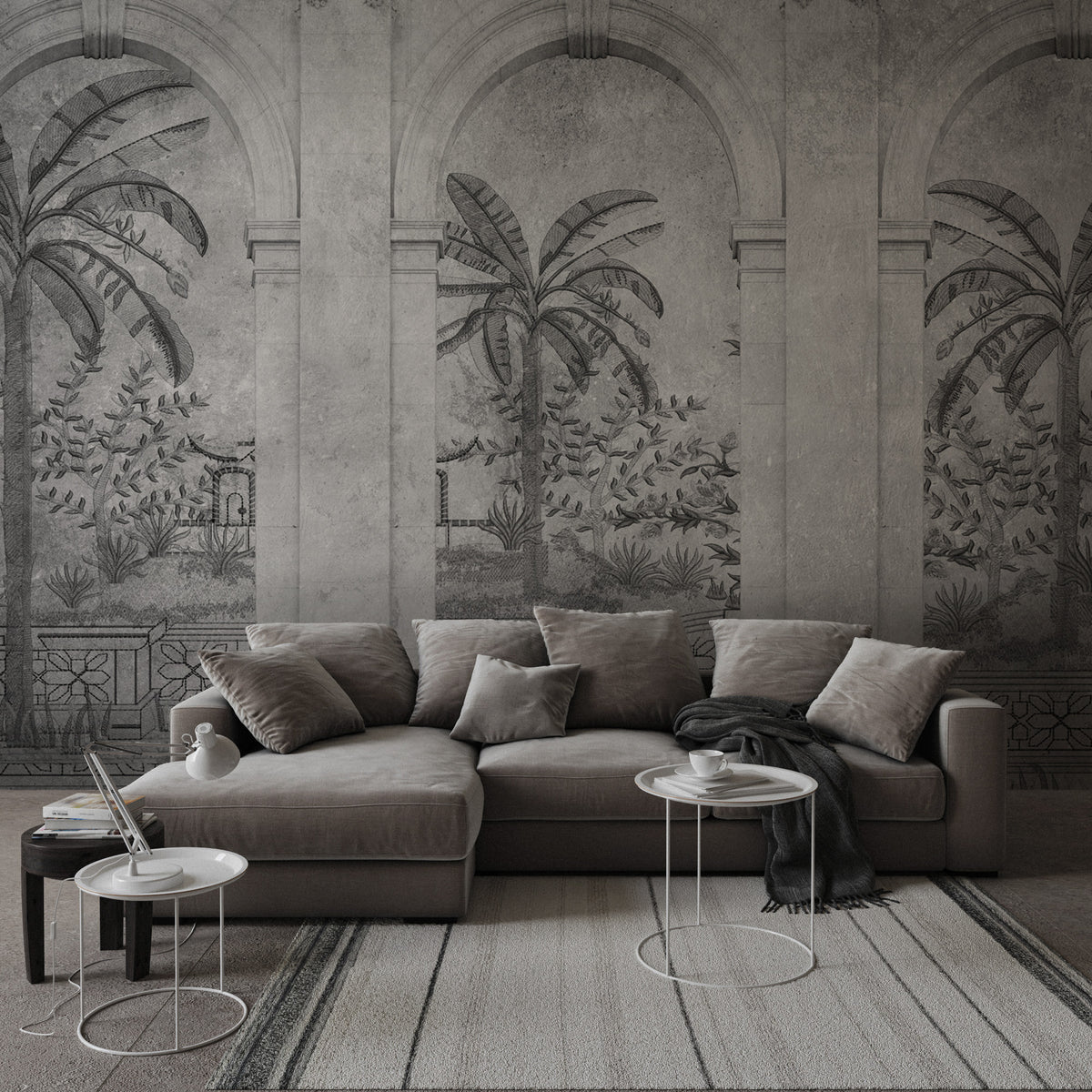 Grey Arch Wallpaper : Classical Arches and Palm Tree Mural - View 2