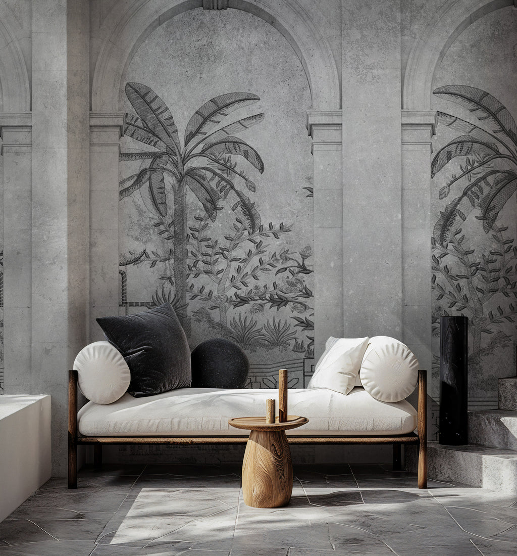 Grey Arch Wallpaper : Classical Arches and Palm Tree Mural - View 3