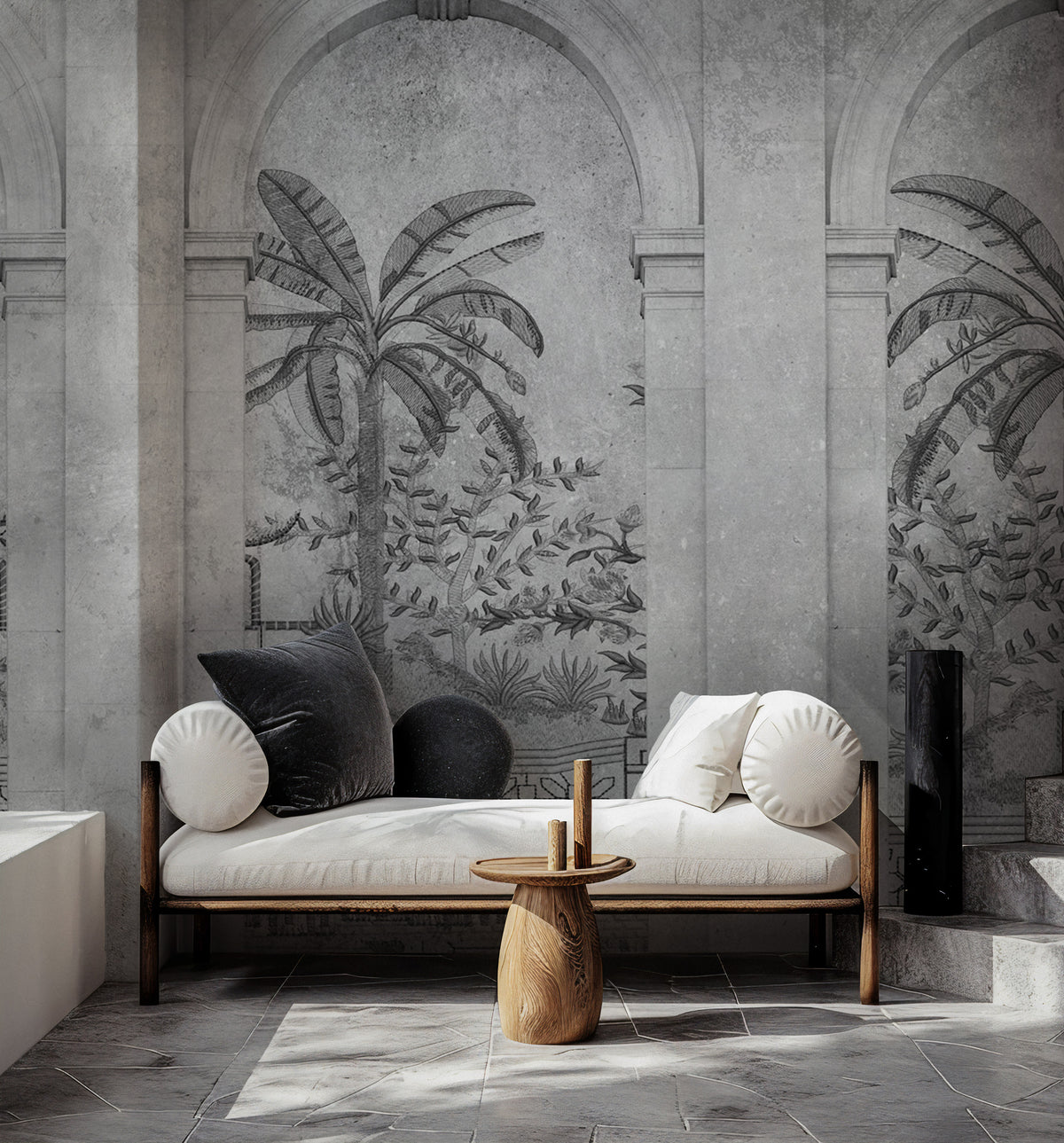 Grey Arch Wallpaper : Classical Arches and Palm Tree Mural - View 3
