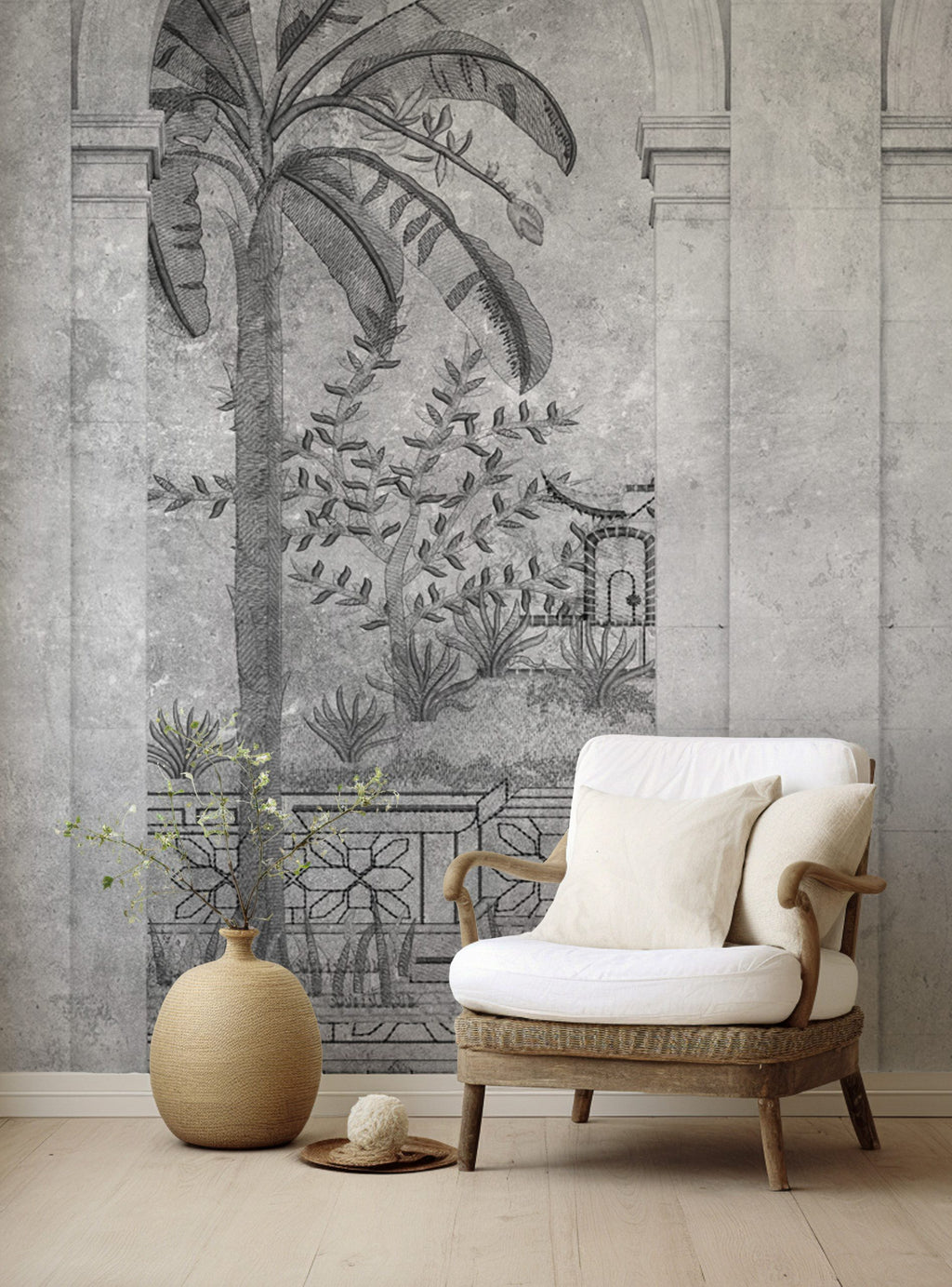 Grey Arch Wallpaper : Classical Arches and Palm Tree Mural - View 4