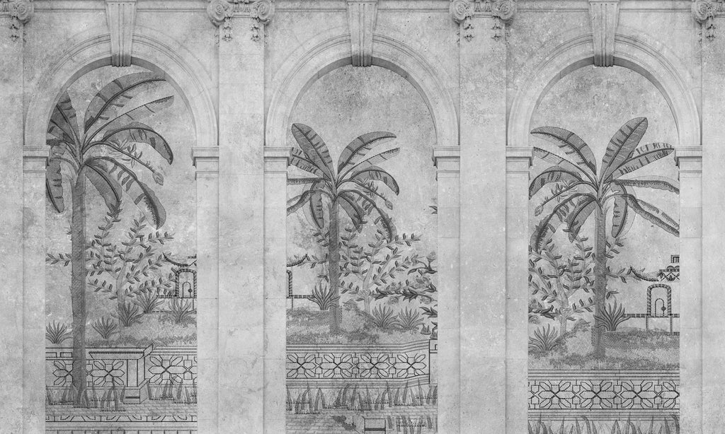 Grey Arch Wallpaper : Classical Arches and Palm Tree Mural - flat design