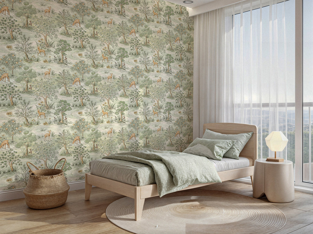 Deer and Forest Wallpaper : Green Woodland Toile Mural - View 3
