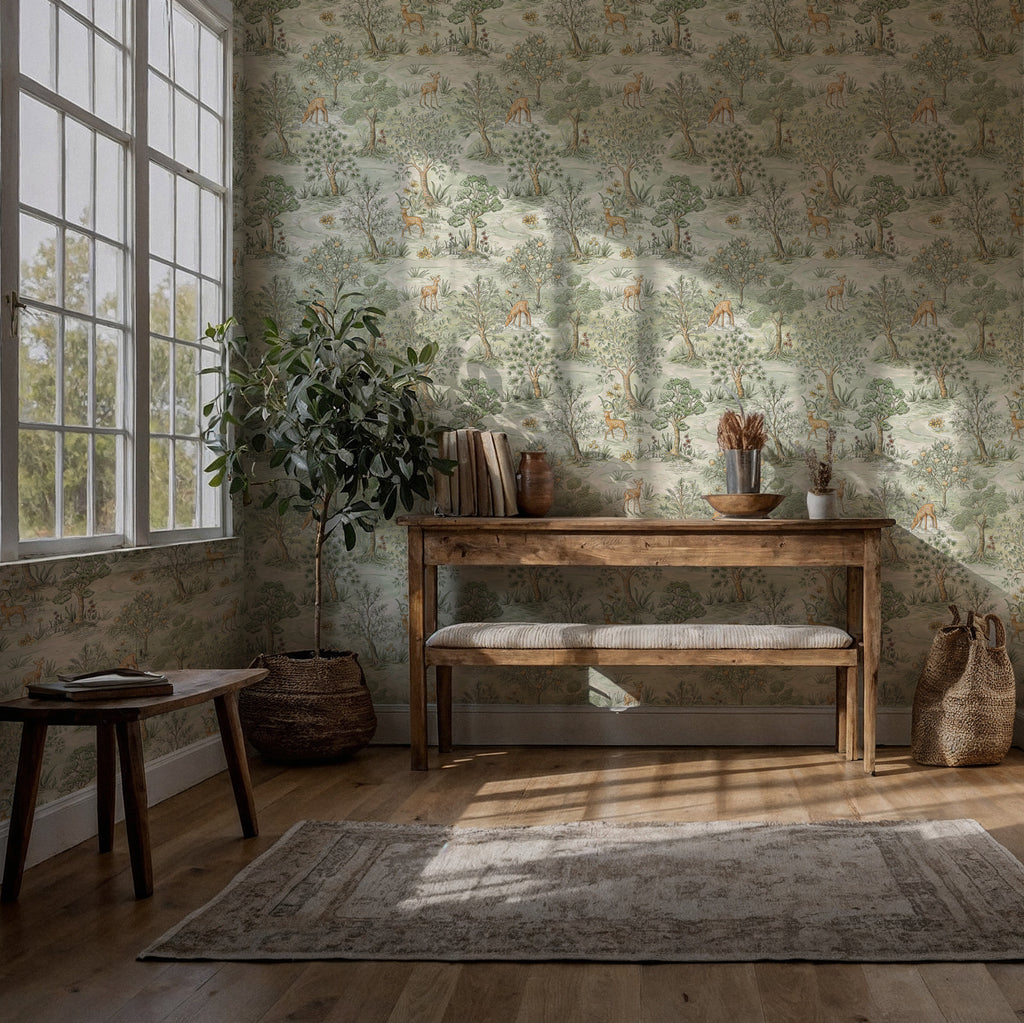 Deer and Forest Wallpaper : Green Woodland Toile Mural