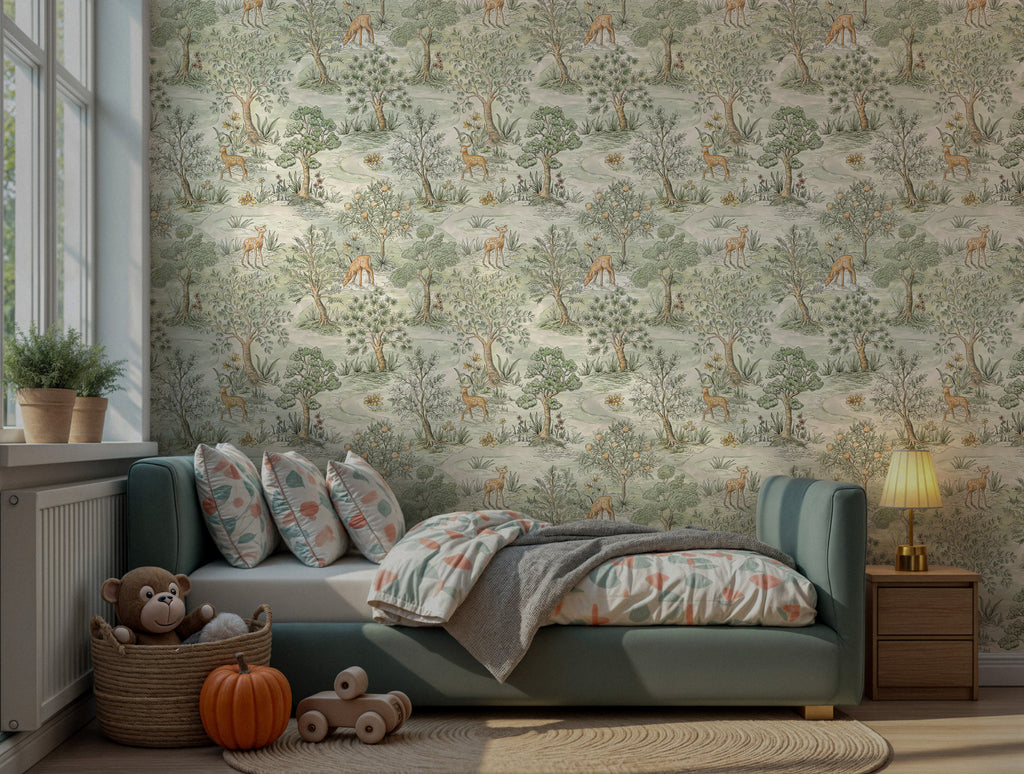 Deer and Forest Wallpaper : Green Woodland Toile Mural - View 2