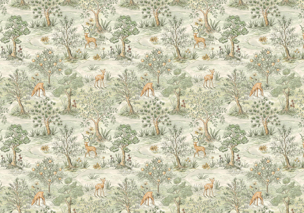 Deer and Forest Wallpaper : Green Woodland Toile Mural - flat design