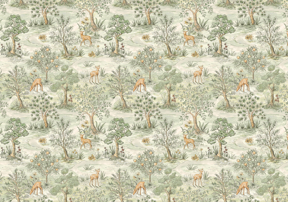 Deer and Forest Wallpaper : Green Woodland Toile Mural - flat design
