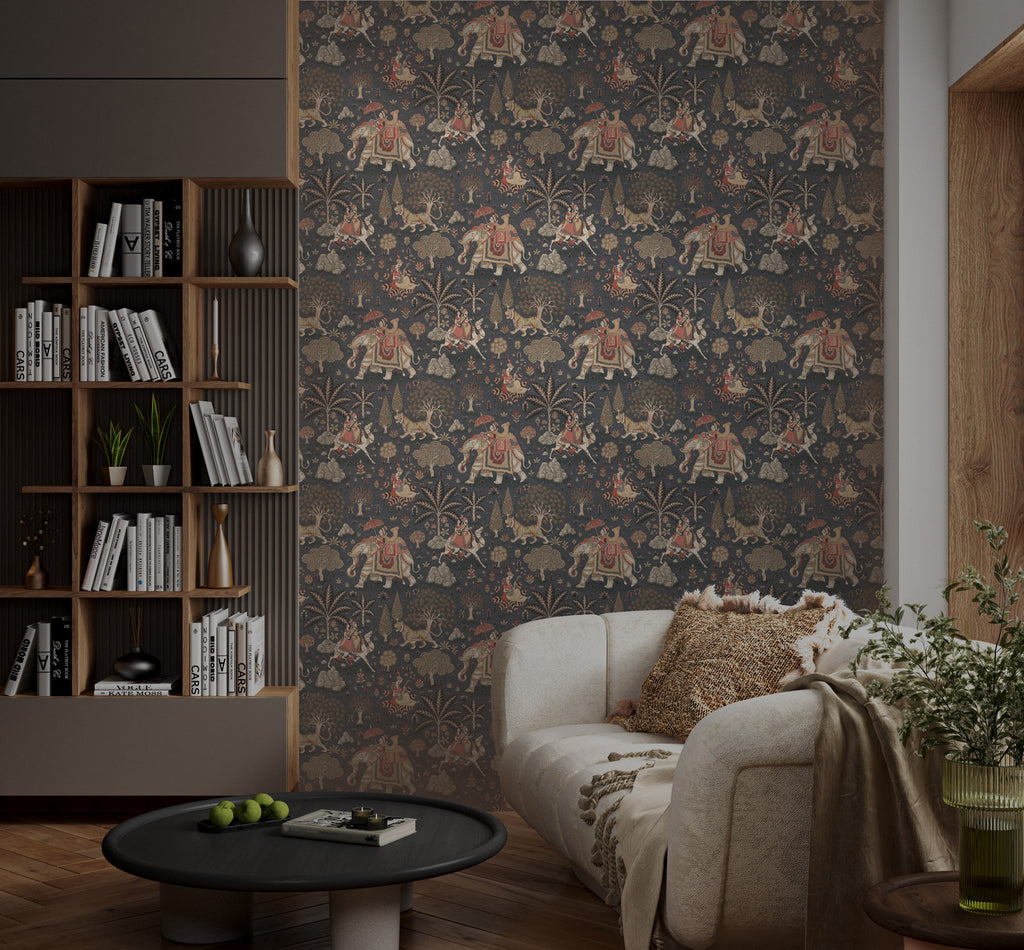 Indian Elephant Wallpaper : Tiger and Palm Folk Art Mural