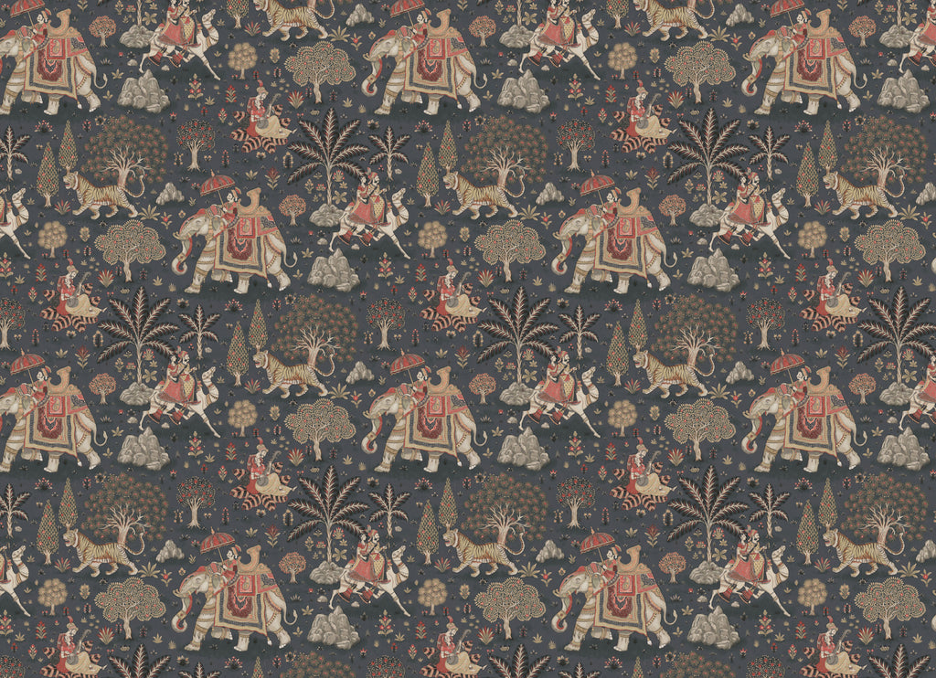 Indian Elephant Wallpaper : Tiger and Palm Folk Art Mural - flat design