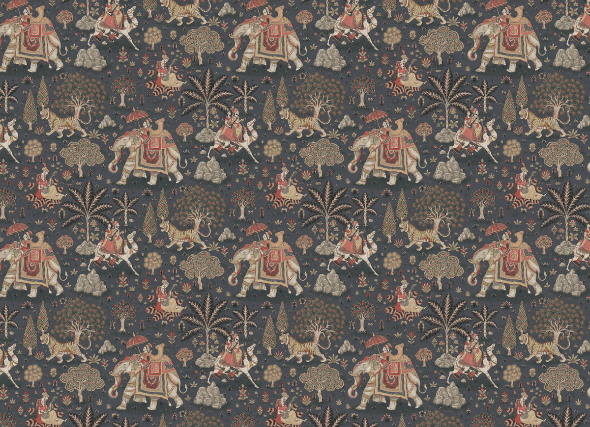 Indian Elephant Wallpaper : Tiger and Palm Folk Art Mural - flat design