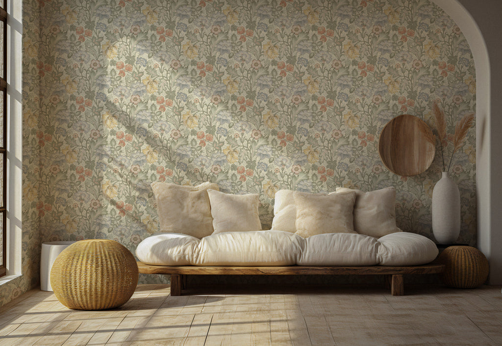 Pastel Floral Wallpaper : Muted Vintage Garden Flower Mural - View 2