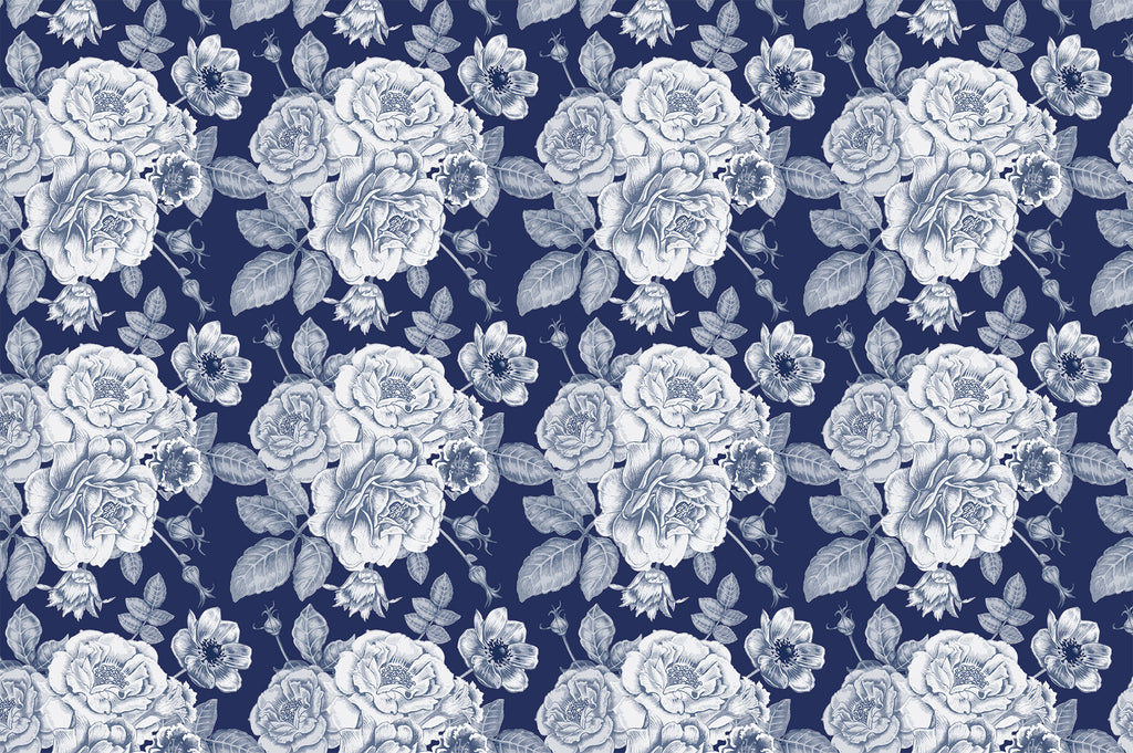 Navy Rose Wallpaper : White Floral Engraving Pattern - View 2