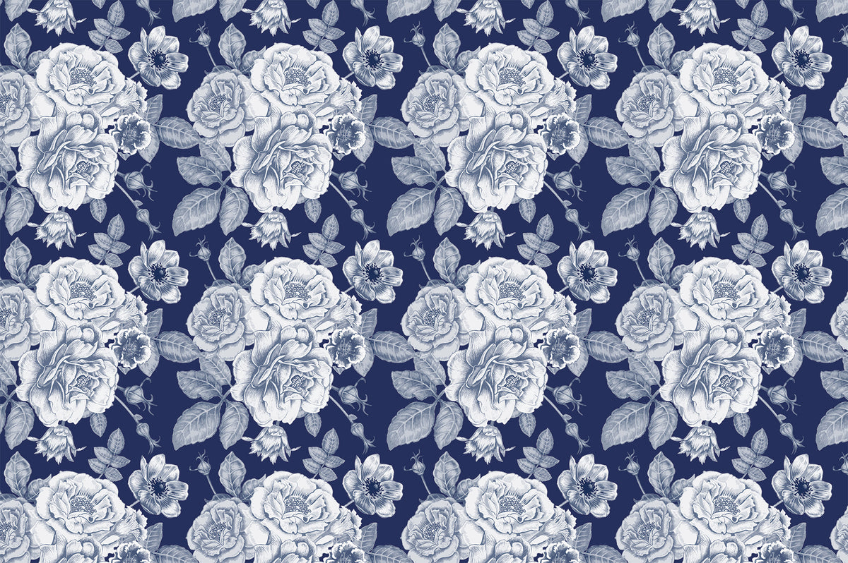 Navy Rose Wallpaper : White Floral Engraving Pattern - View 2