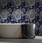 Navy Rose Wallpaper : White Floral Engraving Pattern