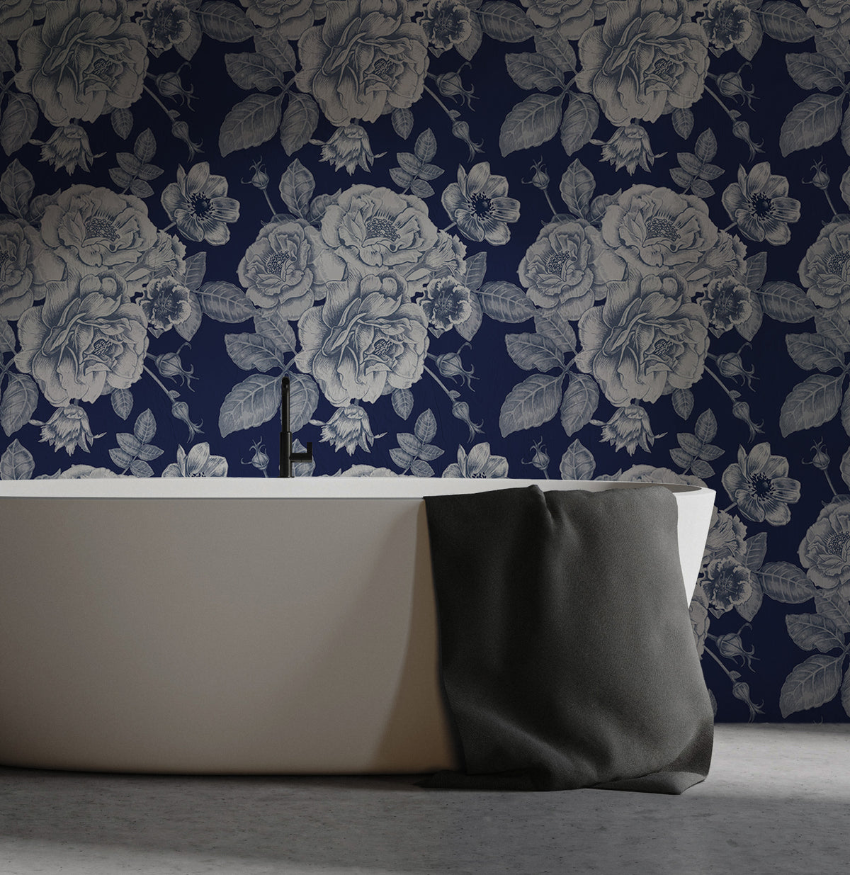 Navy Rose Wallpaper : White Floral Engraving Pattern