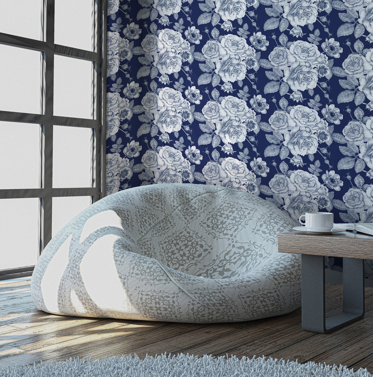 Navy Rose Wallpaper : White Floral Engraving Pattern - View 3