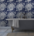 Navy Rose Wallpaper : White Floral Engraving Pattern - View 4