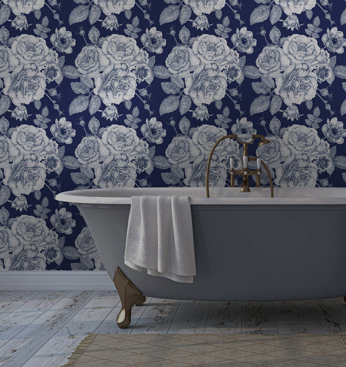Navy Rose Wallpaper : White Floral Engraving Pattern - View 4
