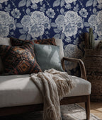 Navy Rose Wallpaper : White Floral Engraving Pattern - View 6