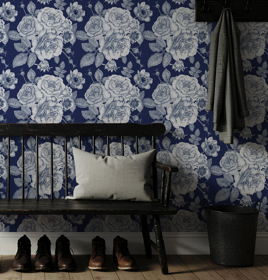 Navy Rose Wallpaper : White Floral Engraving Pattern - View 5