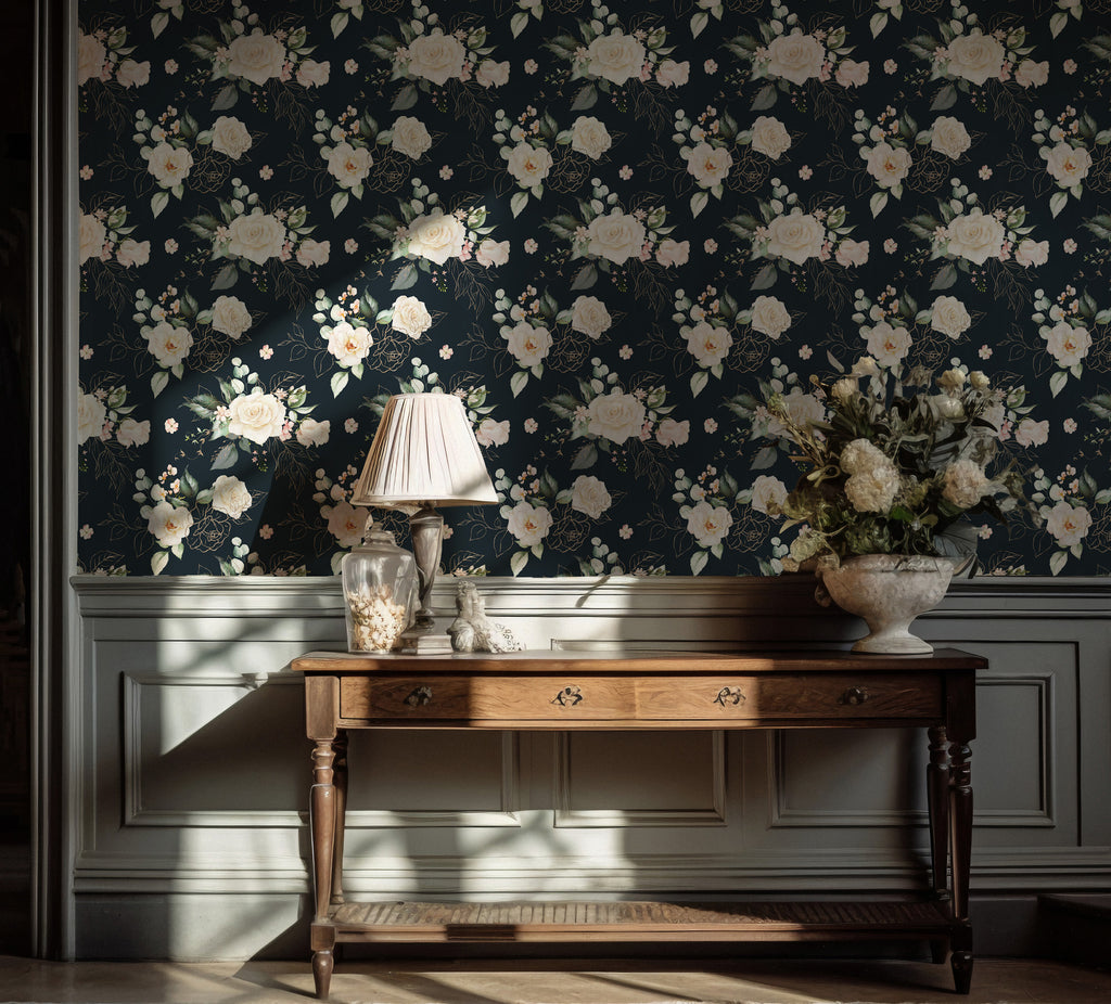 White Rose Wallpaper : Gold Line Floral on Dark Navy Mural