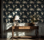 White Rose Wallpaper : Gold Line Floral on Dark Navy Mural