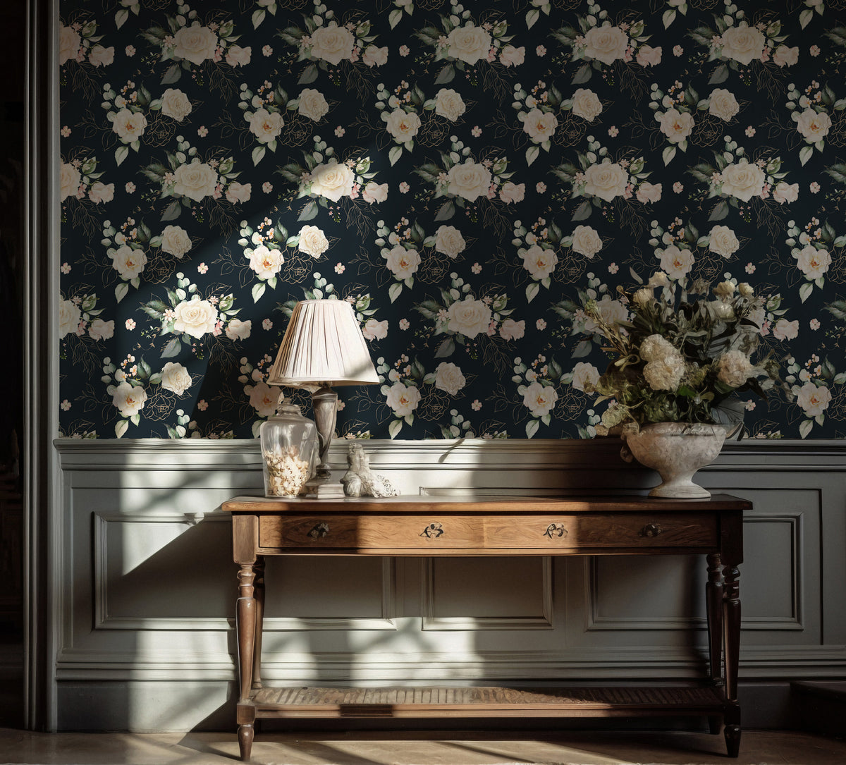 White Rose Wallpaper : Gold Line Floral on Dark Navy Mural