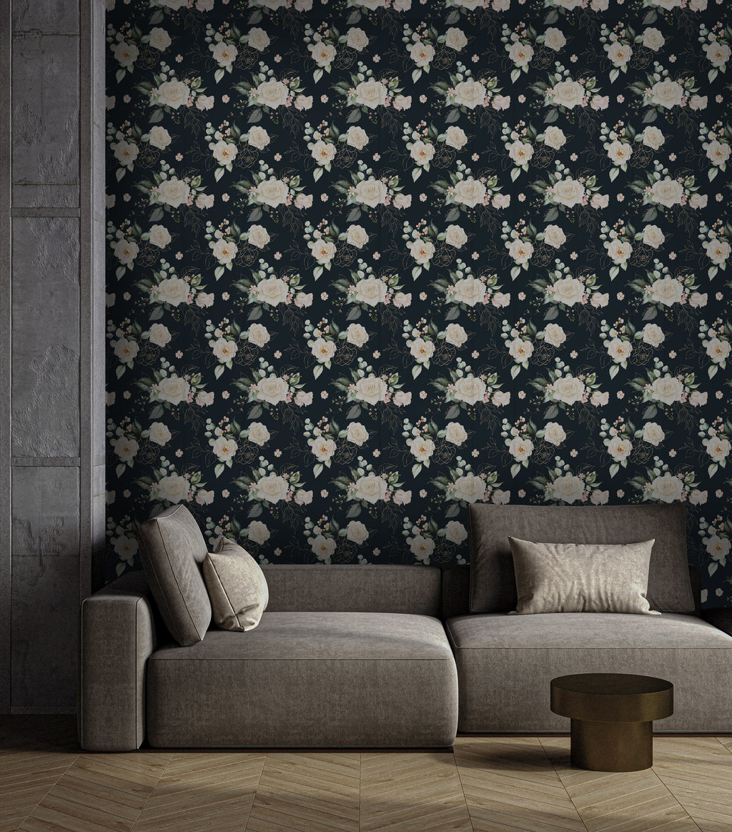 White Rose Wallpaper : Gold Line Floral on Dark Navy Mural - View 2