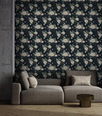 White Rose Wallpaper : Gold Line Floral on Dark Navy Mural - View 2