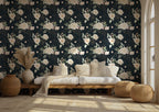 White Rose Wallpaper : Gold Line Floral on Dark Navy Mural - View 3