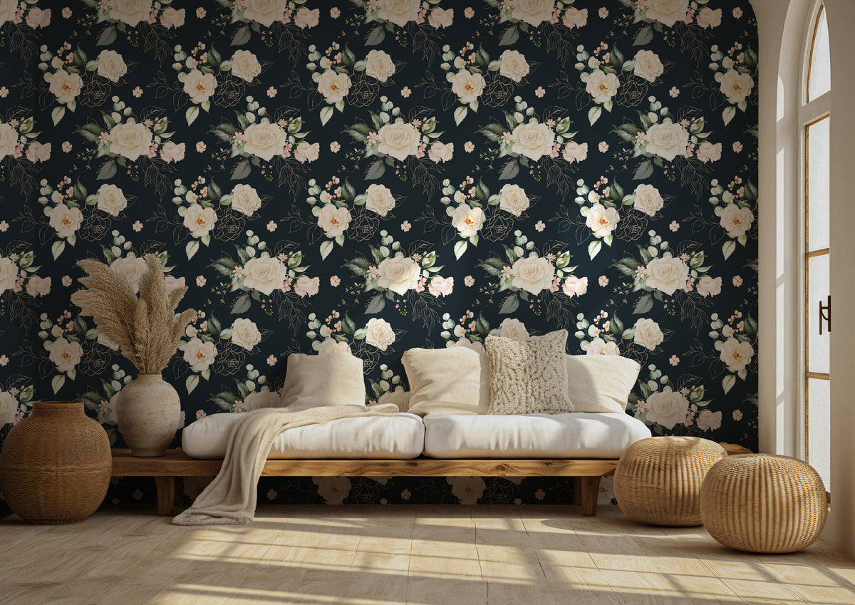 White Rose Wallpaper : Gold Line Floral on Dark Navy Mural - View 3