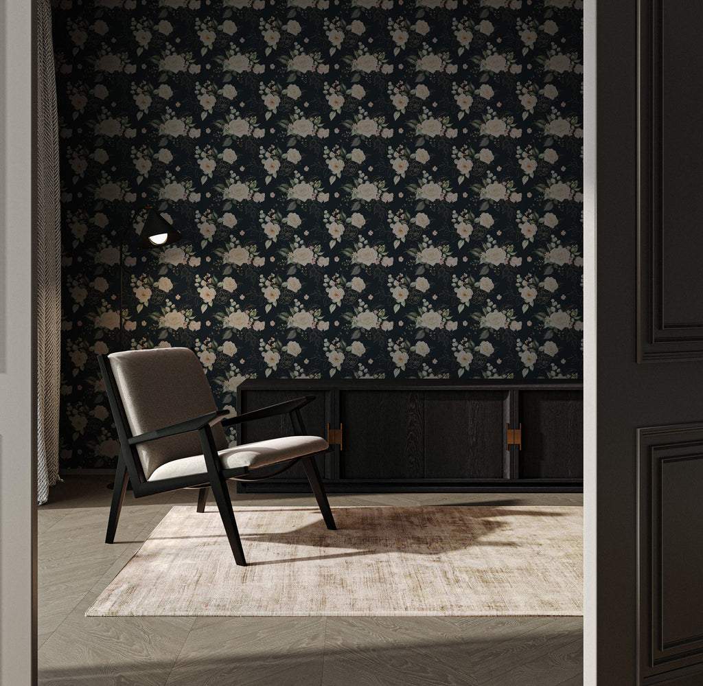 White Rose Wallpaper : Gold Line Floral on Dark Navy Mural - View 4