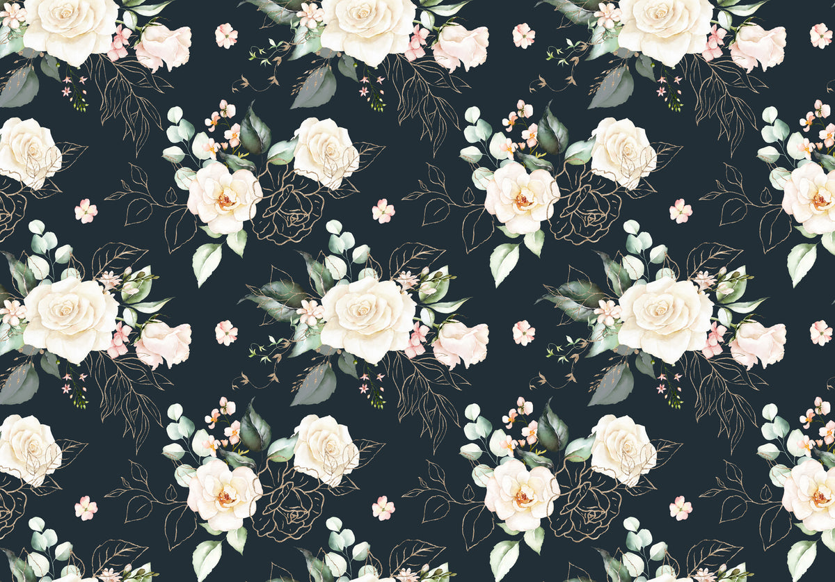 White Rose Wallpaper : Gold Line Floral on Dark Navy Mural - flat design