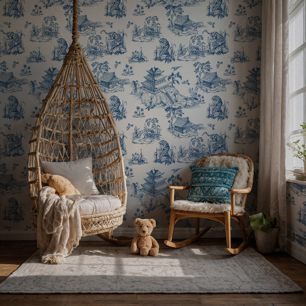 Blue Toile Wallpaper : Chinoiserie Pagoda Scene Wall Mural
