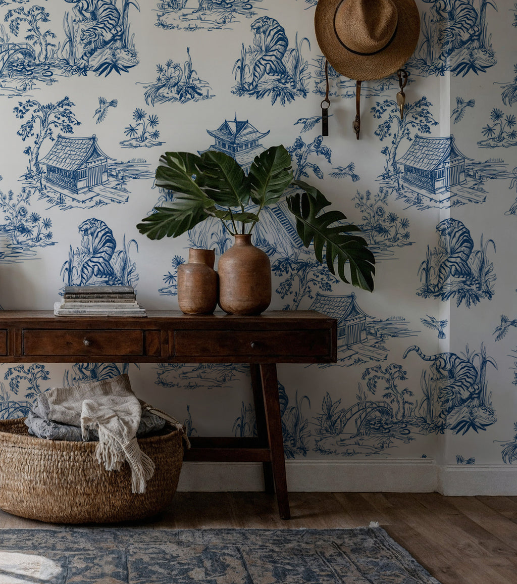 Blue Toile Wallpaper : Chinoiserie Pagoda Scene Wall Mural - View 3