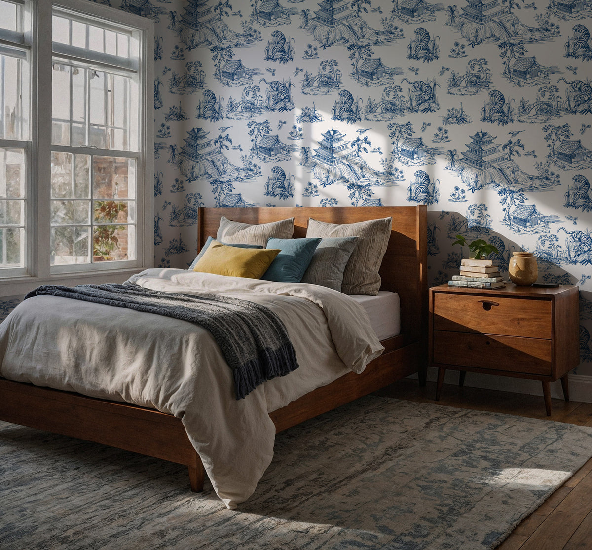Blue Toile Wallpaper : Chinoiserie Pagoda Scene Wall Mural - View 4