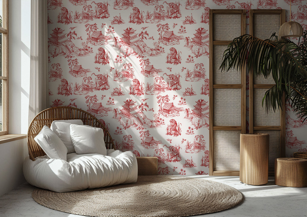 Red Toile Wallpaper : Chinoiserie Pagoda Scene Wall Mural - View 3
