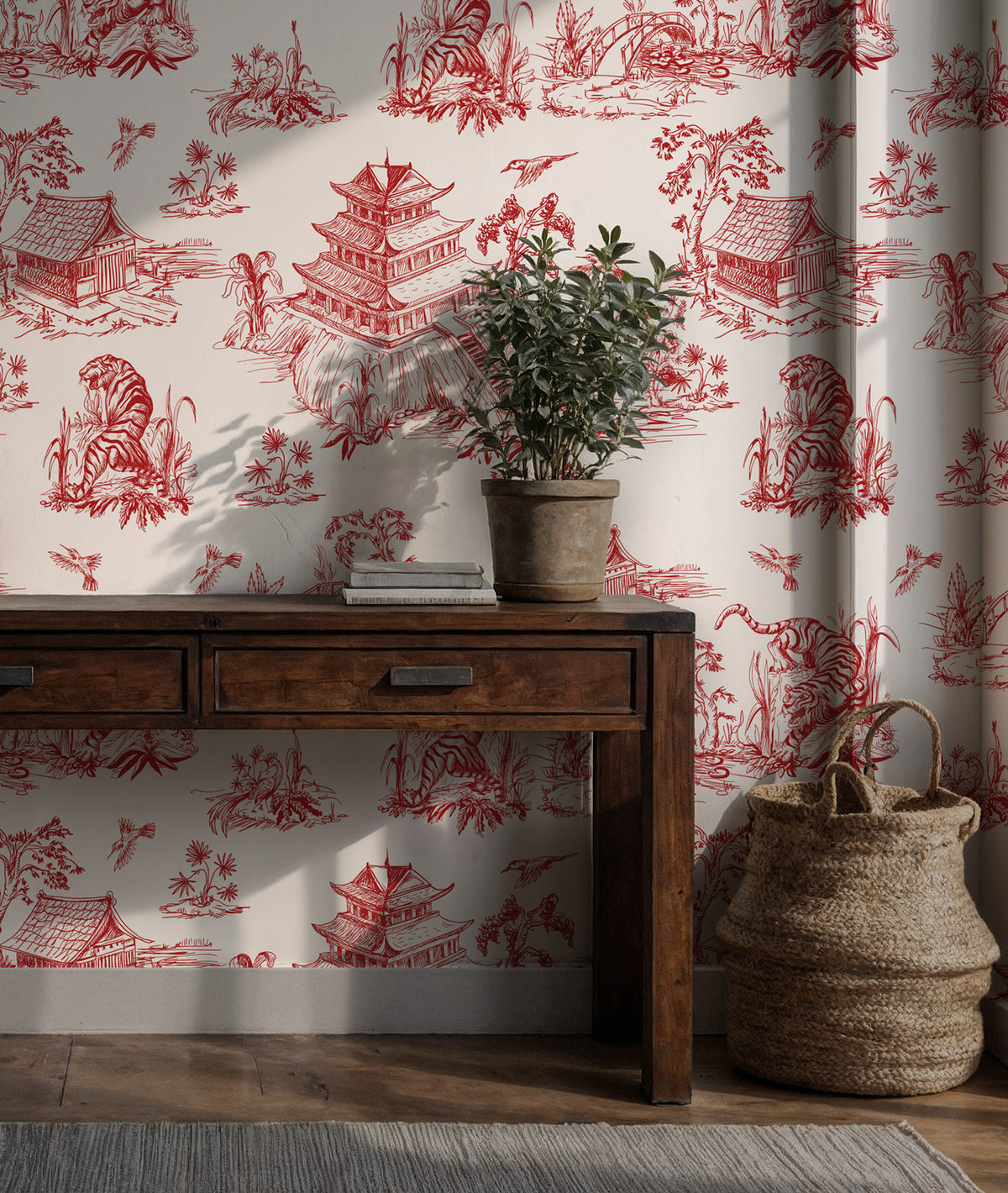 Red Toile Wallpaper : Chinoiserie Pagoda Scene Wall Mural