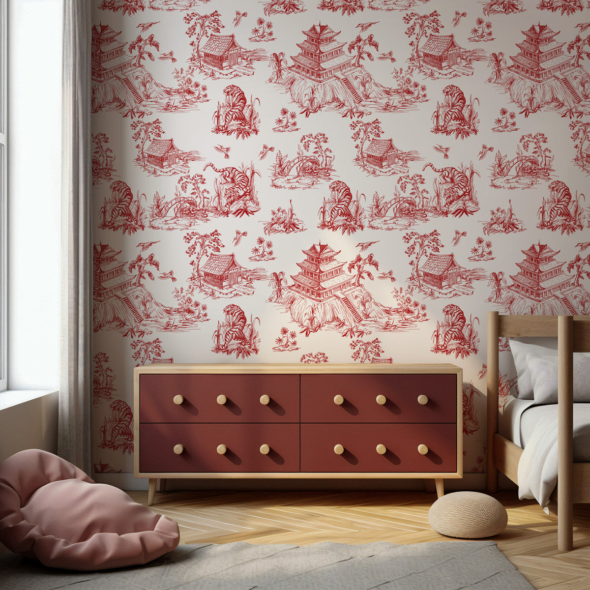 Red Toile Wallpaper : Chinoiserie Pagoda Scene Wall Mural - View 5