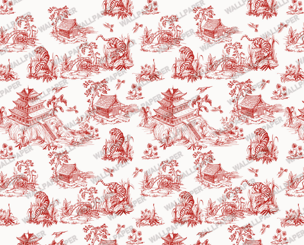 Red Toile Wallpaper : Chinoiserie Pagoda Scene Wall Mural - View 2