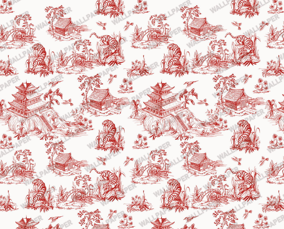 Red Toile Wallpaper : Chinoiserie Pagoda Scene Wall Mural - View 2