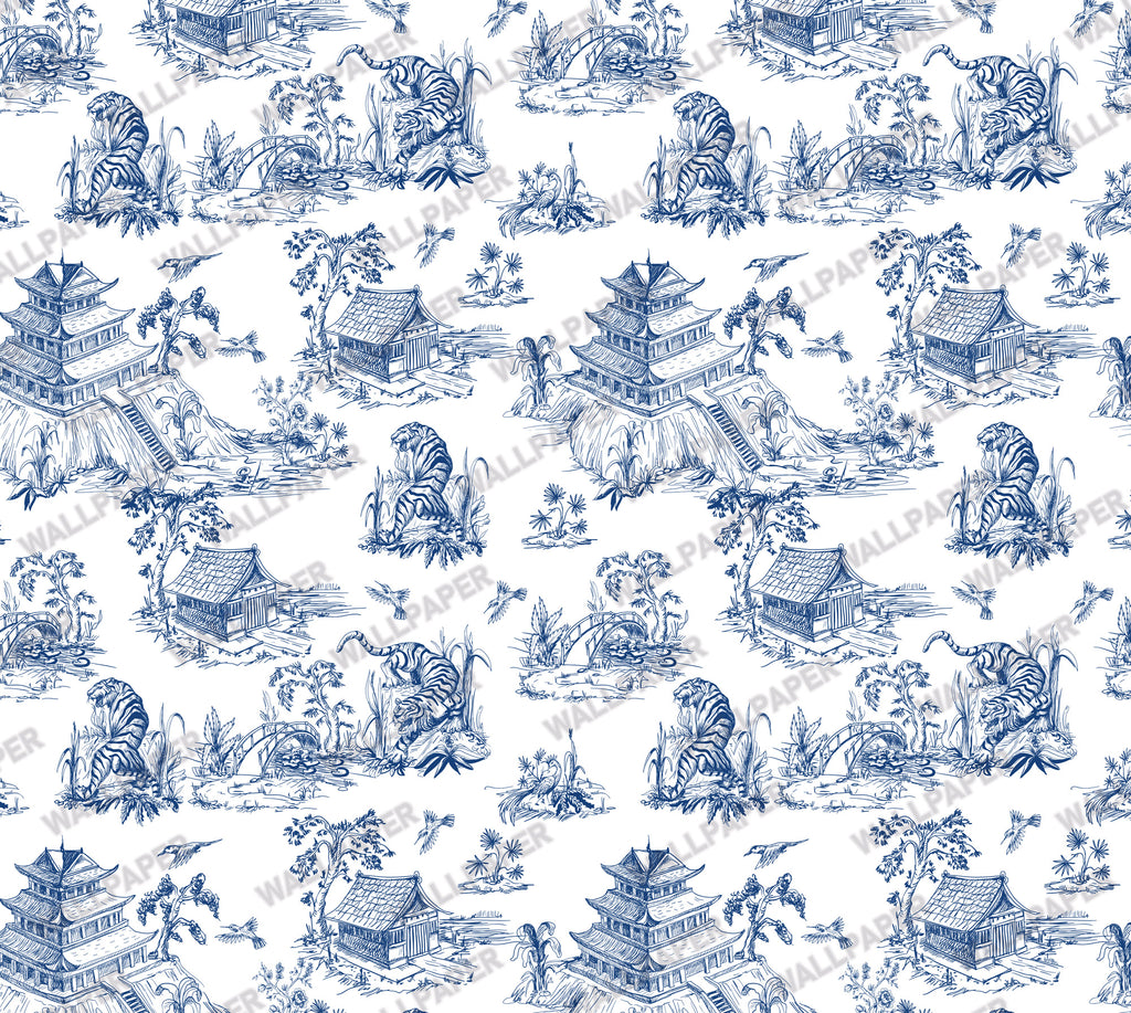 Blue Toile Wallpaper : Chinoiserie Pagoda Scene Wall Mural - View 2