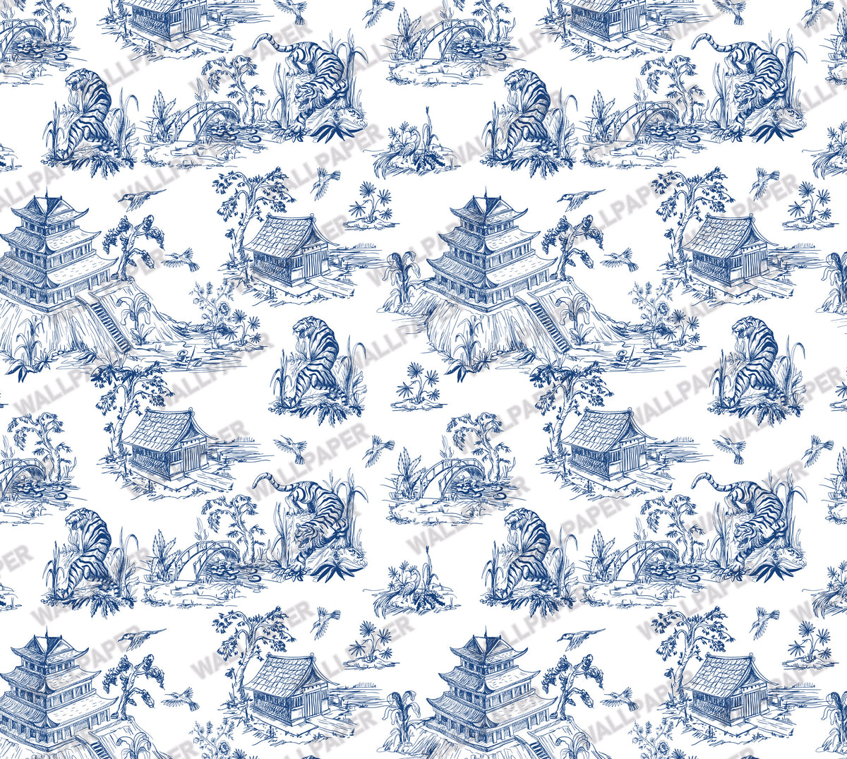Blue Toile Wallpaper : Chinoiserie Pagoda Scene Wall Mural - View 2